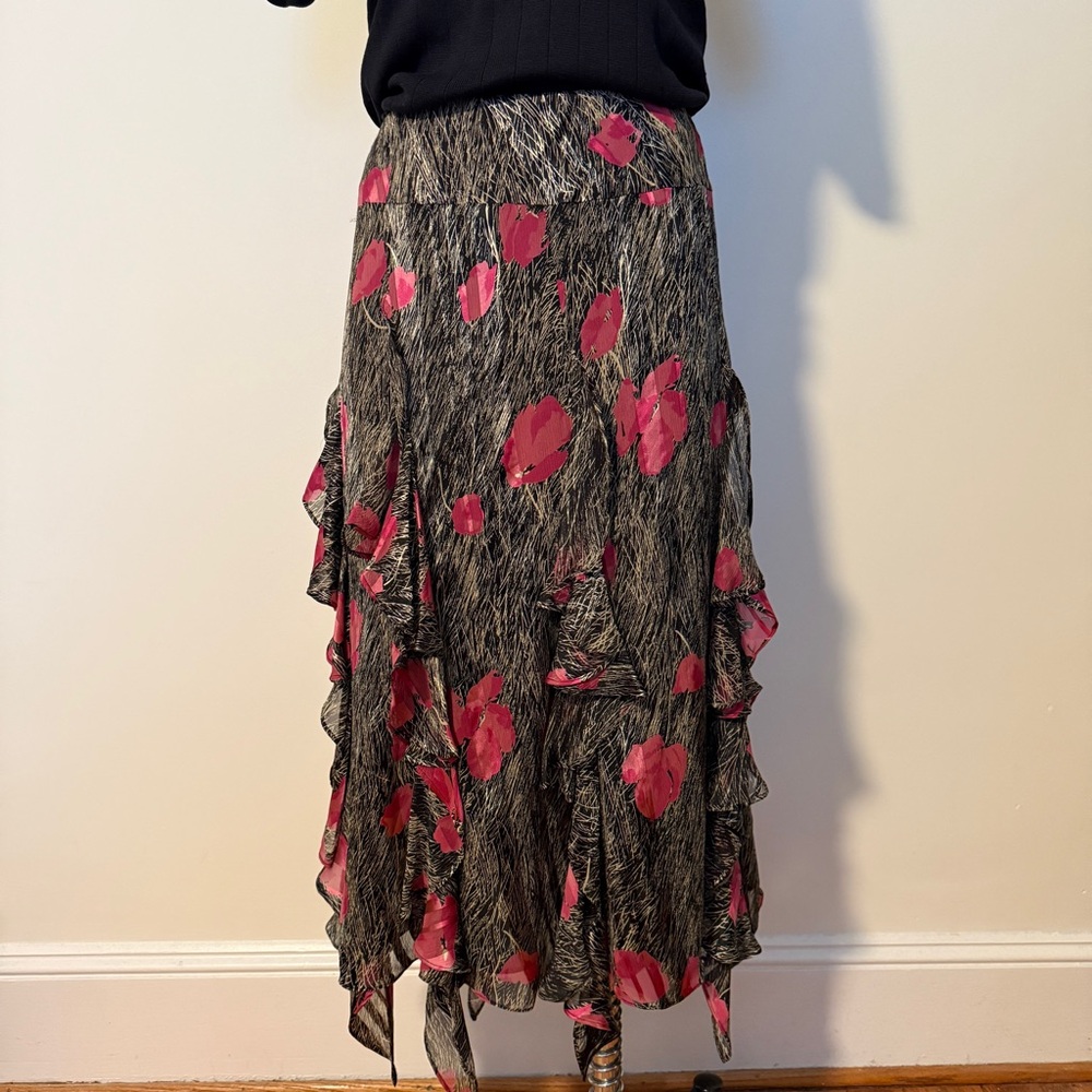 90s Silk Rose Printed Ruffle Midi Skirt